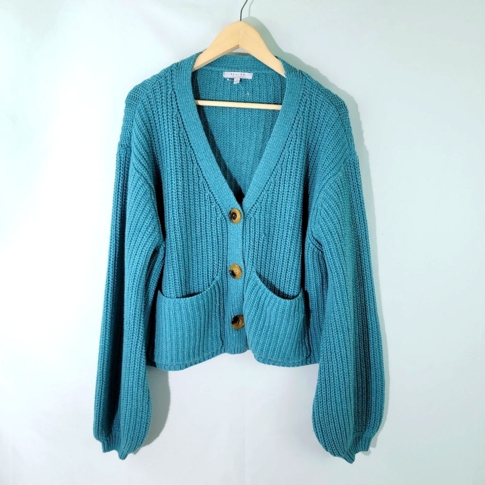 FAVLUX Ocean Women's Blue Chunky Cable Knit Sweater Sz S Button Front Pocket